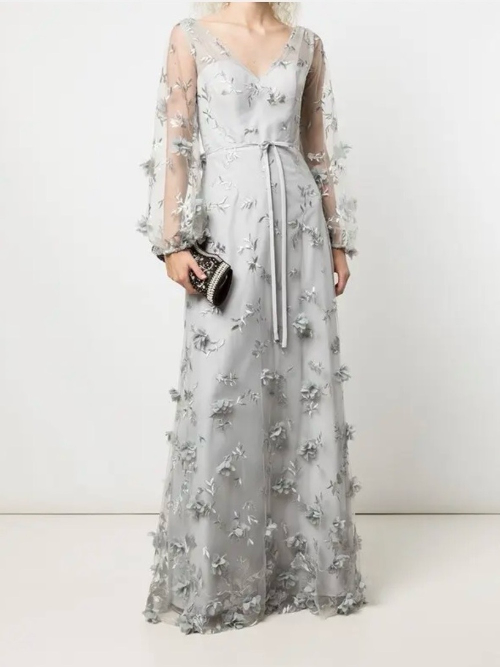 Floral-Detail Puff-Sleeve Gown Light Gray Floral Maxi Dress Bridesmaid